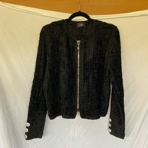 Vintage Estelle Gracer Black Ribbon Sweater with Rhinestone Zipper and Buttons